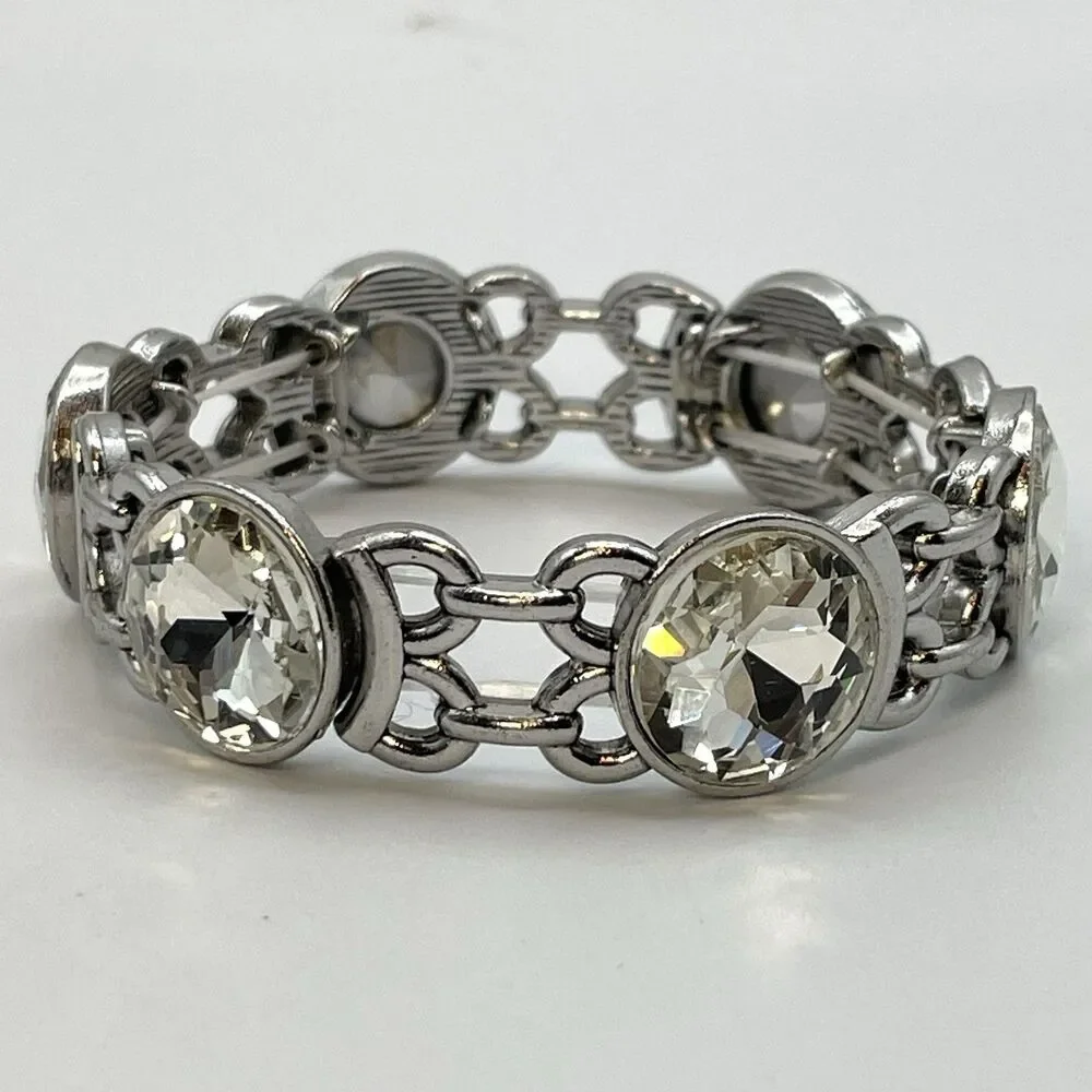 Silver Tone White Round Cut Glass Rhinestone Stretch Bracelet Boho Bold Fashion